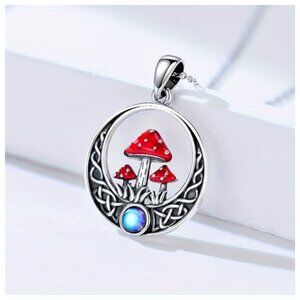 Mushroom & Crescent Moon Boho Pendant Sterling Silver Necklace NEW
